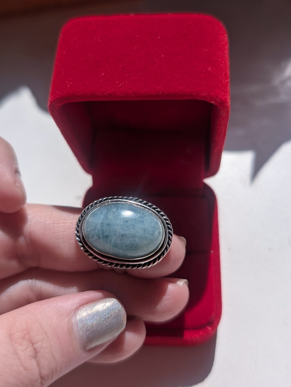 Vintage Handcrafted Sterling Silver Genuine Oval Aquamarine Cabochon Size 9.75